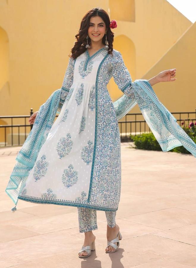 ISHIN Women's White Cotton Printed Tunic Upper Calf Length Palazzo Bottom Straight Fit 3 Peice Kurta Set - Image 1