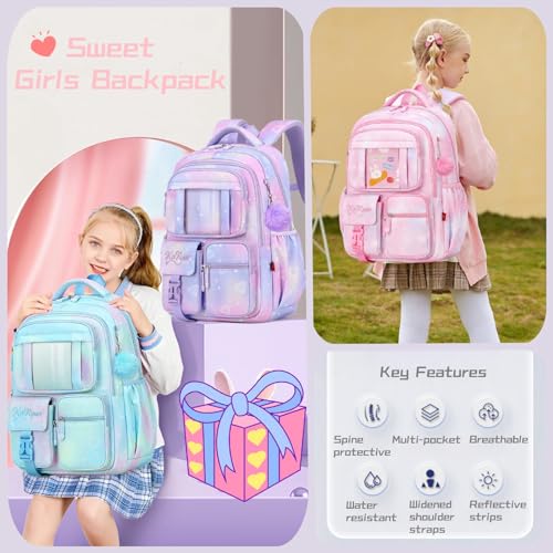 Bansusu Kawaii Girls Backpack for School with Furry Pendant, Multi-Pocket Girls School Bags Backpack for Kids, B05-Purple - Image 2