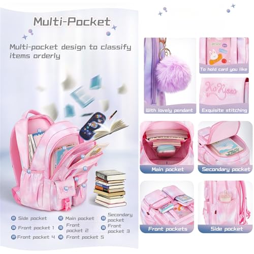 Bansusu Kawaii Girls Backpack for School with Furry Pendant, Multi-Pocket Girls School Bags Backpack for Kids, B05-Purple - Image 4