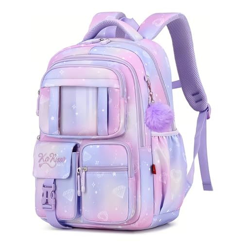 Bansusu Kawaii Girls Backpack for School with Furry Pendant, Multi-Pocket Girls School Bags Backpack for Kids, B05-Purple - Image 1