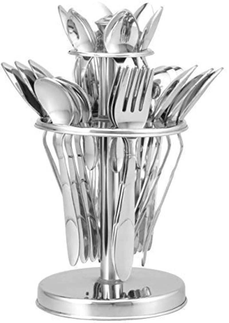 Parage 25 Pieces Blossom Premium Stainless Steel Cutlery Set for Home & Kitchen (Contains: 6 Table Spoons, 6 Forks, 6 Tea Spoons, 6 Soup Spoons, 1 Stand), Spoon Set for Dining Table Stylish, Silver - Image 1