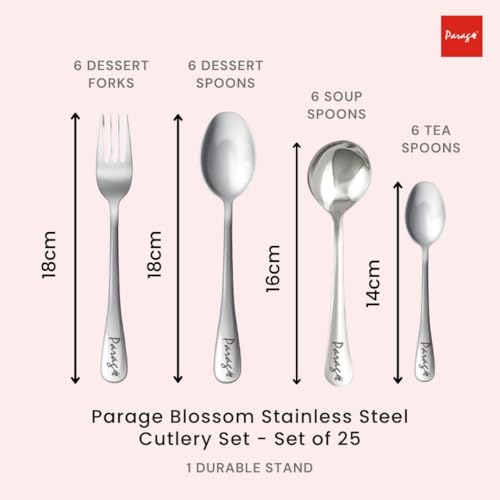 Parage 25 Pieces Blossom Premium Stainless Steel Cutlery Set for Home & Kitchen (Contains: 6 Table Spoons, 6 Forks, 6 Tea Spoons, 6 Soup Spoons, 1 Stand), Spoon Set for Dining Table Stylish, Silver - Image 5