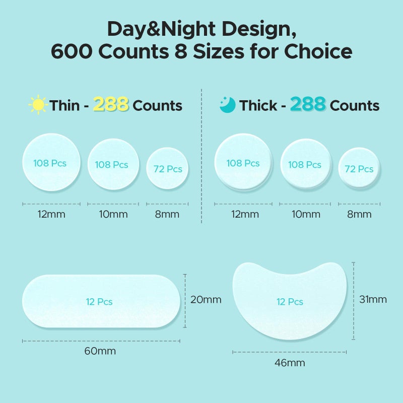 LitBear Pimple Patches for Face, 600 Counts Day and Night Acne Patches, Hydrocolloid Patches for Covering Zit and Blemishes, Large Breakouts, 5 Sizes Thin & Thick Spot Dots Stickers for Chin, Forehead - Image 2