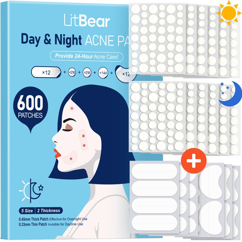 LitBear Pimple Patches for Face, 600 Counts Day and Night Acne Patches, Hydrocolloid Patches for Covering Zit and Blemishes, Large Breakouts, 5 Sizes Thin & Thick Spot Dots Stickers for Chin, Forehead - Image 1