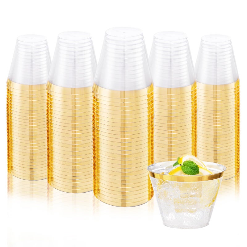 Ciaell 200PCS Gold Plastic Cups  9Oz Heavy Duty Disposable Clear Plastic Cups with Gold Rim for Party  Wedding  Graduation