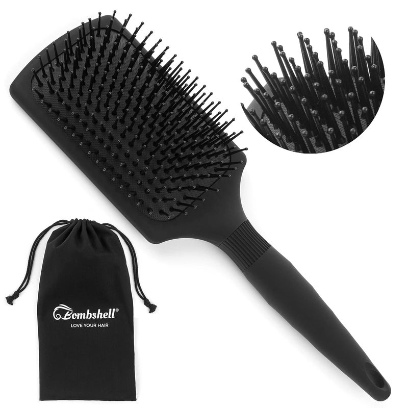 Bombshell Paddle Brush with 56 handle Static Free Cushioned Paddle Hair Brush with Nylon Bristles for Blow Drying Styling and Straightening comes with fabric pouch