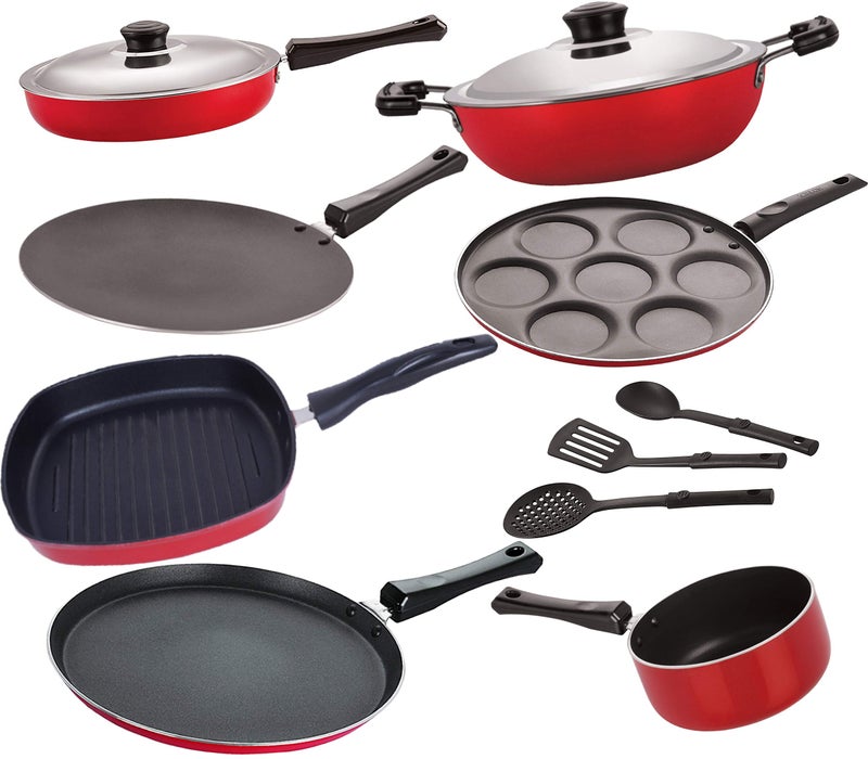 Nirlon nonstick Aluminium Cooking Set Combo, Red & Black - 10 Pcs [FT12_CT12_FP12_DKD(B)_SPB_UP7_GP22_3SPN] - Image 1