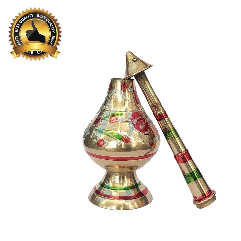 Saubhagya Saubhagya Pure Brass Gulab Pash Rose Water Holy Water and Perfume Sprinklers Gangajal Spray Bottle for PoojaPuja Mandir Temple Gold 10 inches 2piece Color  - Image 4