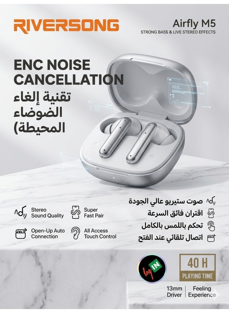 سماعات ريفر سونج Airfly M5 اللاسلكية - تقنية عزل ضوضاء ENC، وقت تشغيل 40 ساعة، محرك صوت 13 ملم لصوت بيس قوي وتحكم ذكي باللمس