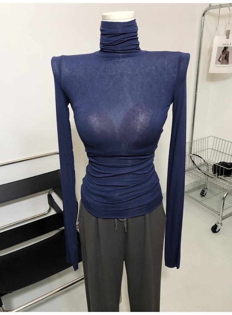 Match hao unique child ~ thin soft high collar micro-transparent long sleeve T-shirt pile collar base shirt jacket Navy blue 