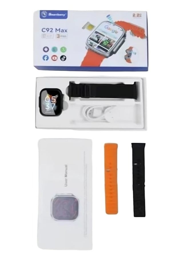 C92 max Smart Watch 4G Network Android Smart Watch with 3 Pairs Straps 64GB Memory Support SIM Card and Google Play Support  All Apps as a Mobile Phone in Your Hand with 2 Camera for Taking Pictures