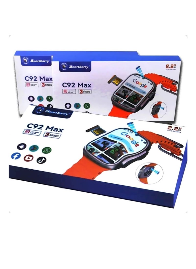 C92 max Smart Watch 4G Network Android Smart Watch with 3 Pairs Straps 64GB Memory Support SIM Card and Google Play Support  All Apps as a Mobile Phone in Your Hand with 2 Camera for Taking Pictures