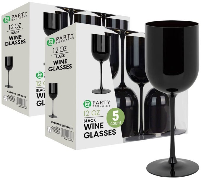 12 OZ WINE GOBLETS BLACK 10PACK ELEGANT DISPOSABLE PLASTIC WINE GLASSES WITH STEMS FOR WEDDINGS OUTDOOR EVENTS POOLSIDE PARTIES