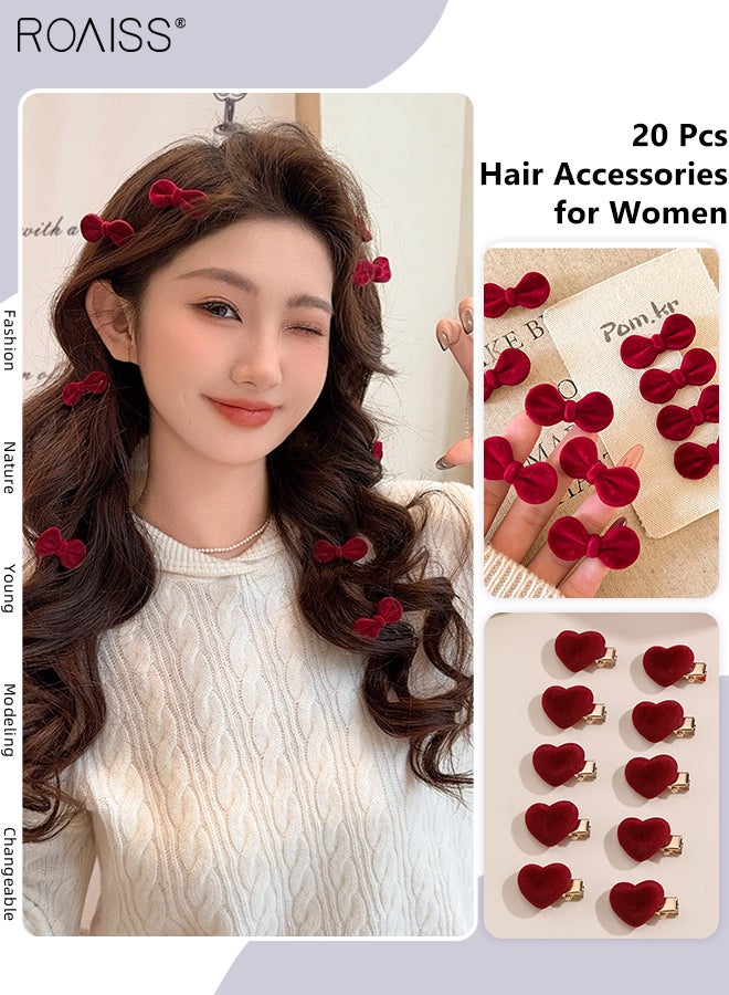 roaiss 20 Pcs Elegant Hair Clips Sweet Heart Flocking Hair Claw Clips Red Velvet Small Bow Hair Clips Front Bangs and Side Hair Clips, Vintage Elegant Hair Accessories - Image 1