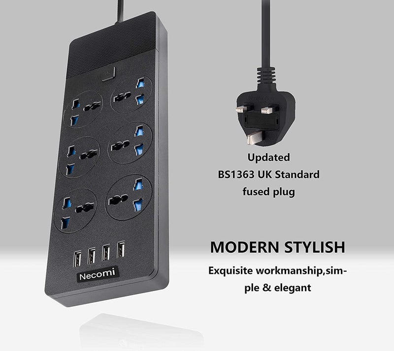 موزع طاقة عالمي مع 4 منافذ USB و 6 مقابس ذكية - حماية من زيادة التيار، كابل بطول 3 متر - Image 5
