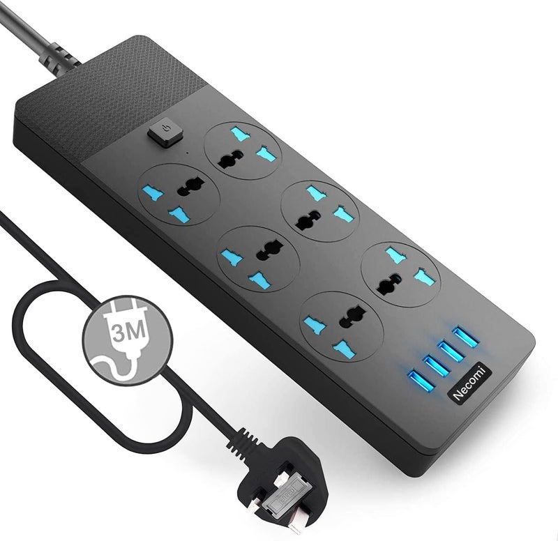 موزع طاقة عالمي مع 4 منافذ USB و 6 مقابس ذكية - حماية من زيادة التيار، كابل بطول 3 متر - Image 1
