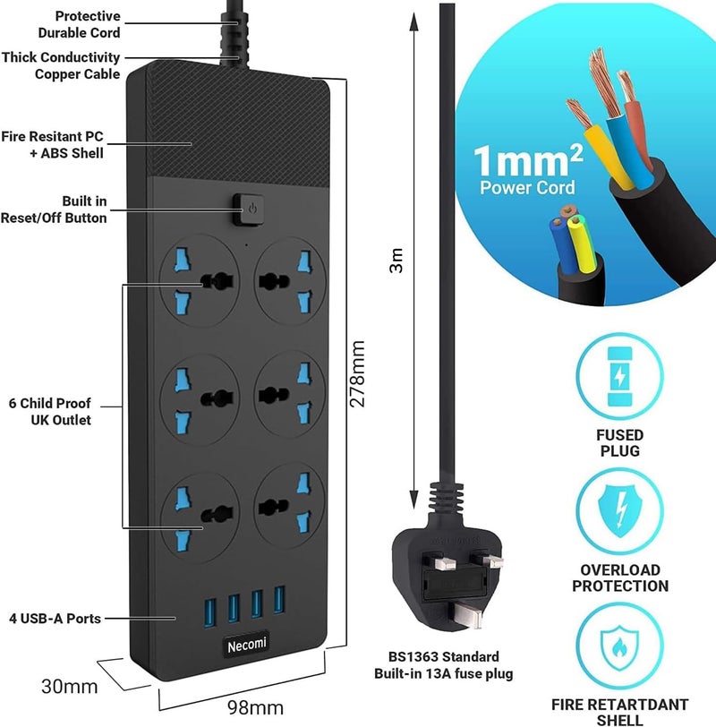 موزع طاقة عالمي مع 4 منافذ USB و 6 مقابس ذكية - حماية من زيادة التيار، كابل بطول 3 متر - Image 2