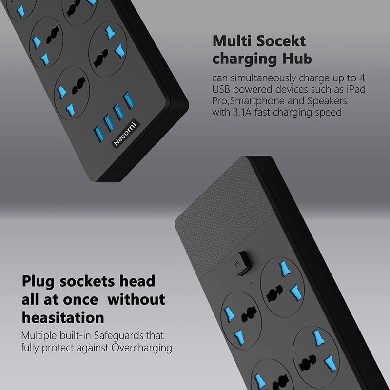 موزع طاقة عالمي مع 4 منافذ USB و 6 مقابس ذكية - حماية من زيادة التيار، كابل بطول 3 متر - Image 4