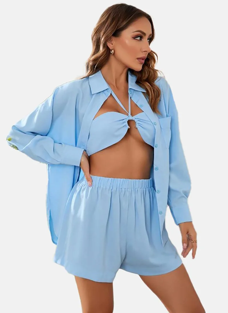 يونيكي Blue Halter Neck Sleeveless Top With Short & Shirt