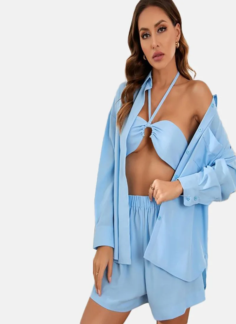 يونيكي Blue Halter Neck Sleeveless Top With Short & Shirt