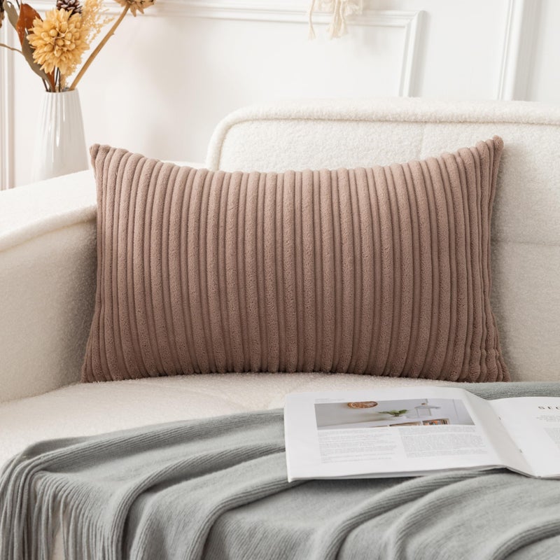 UGS UGASA UGASA Soft Velvet Stripe Decorative Lumbar Pillow Cover 1 Pack Solid Corduroy Textured Euro Oblong Cushion Case for Couch Bedroom Sofa Farmhouse 12x20 Inch Light Brown - Image 2