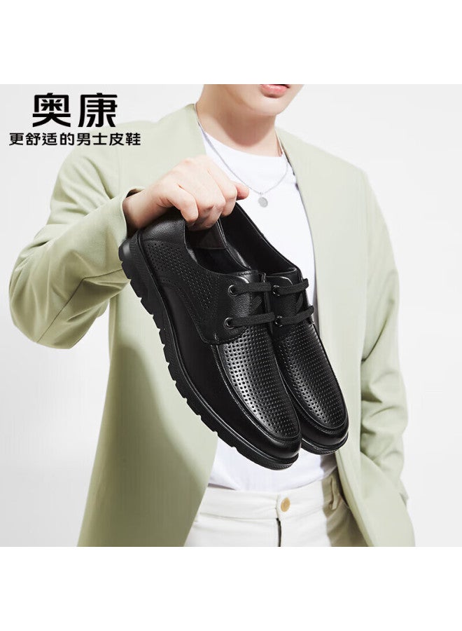 Aokang Business Casual Leather Shoes Comfortable Breathable Hollow Out Lace-up Black Size 42