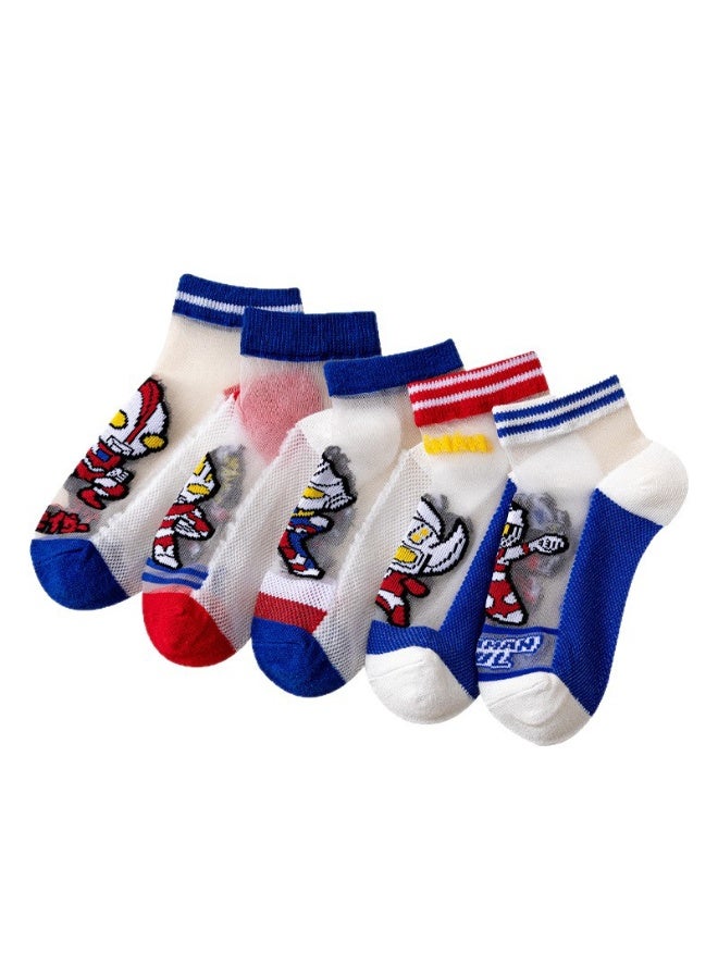 KUYING New Baby Ultraman Breathable Ice Silk Crystal Cartoon Socks 5 Pair Set