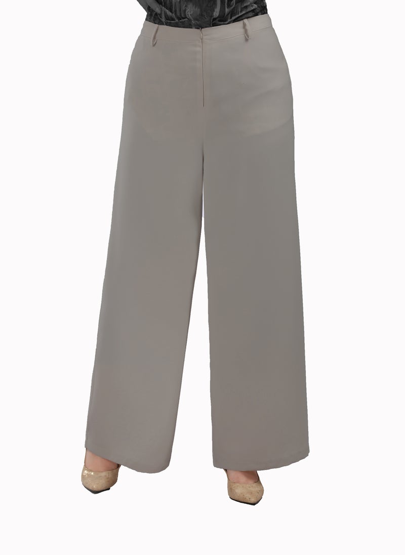 High Waist Wide Leg Pants With Elastic Back Band - Cafe