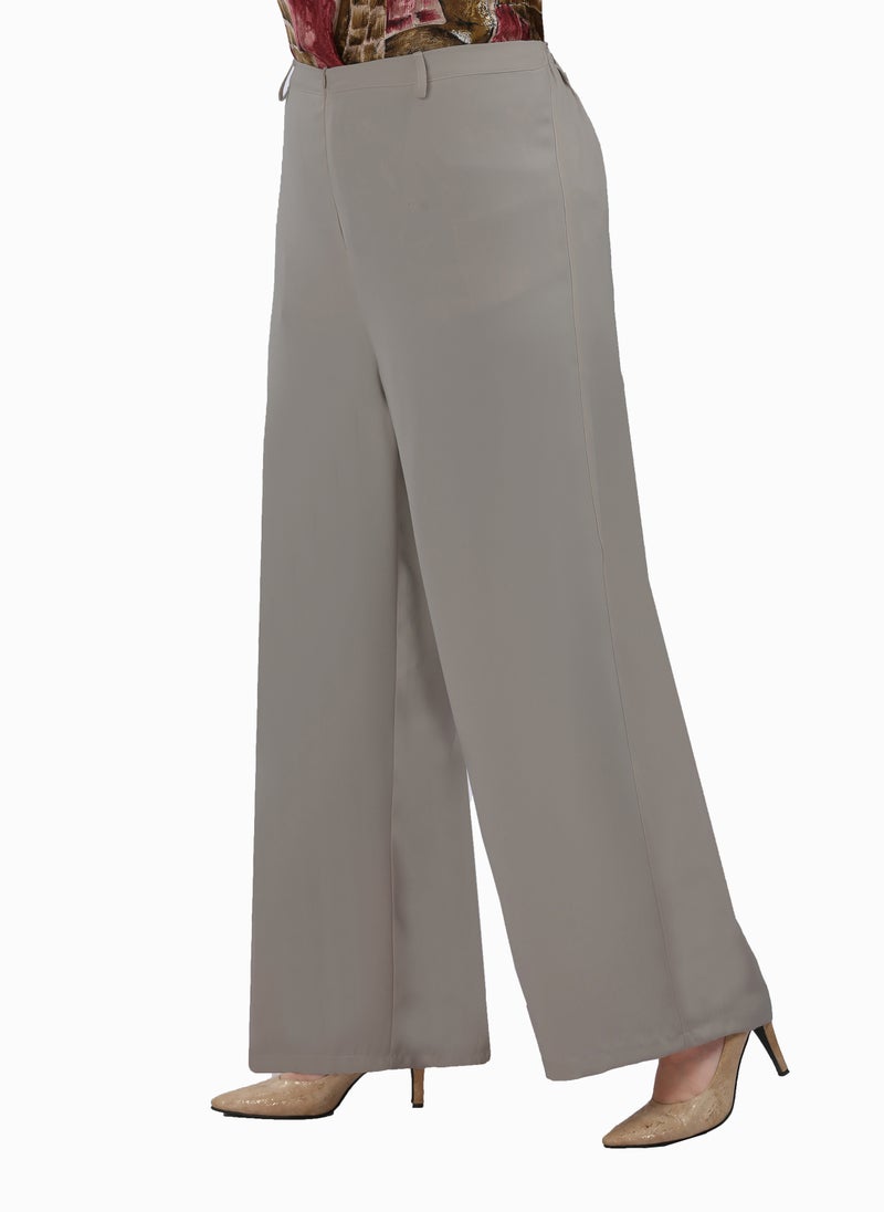 High Waist Wide Leg Pants With Elastic Back Band - Cafe