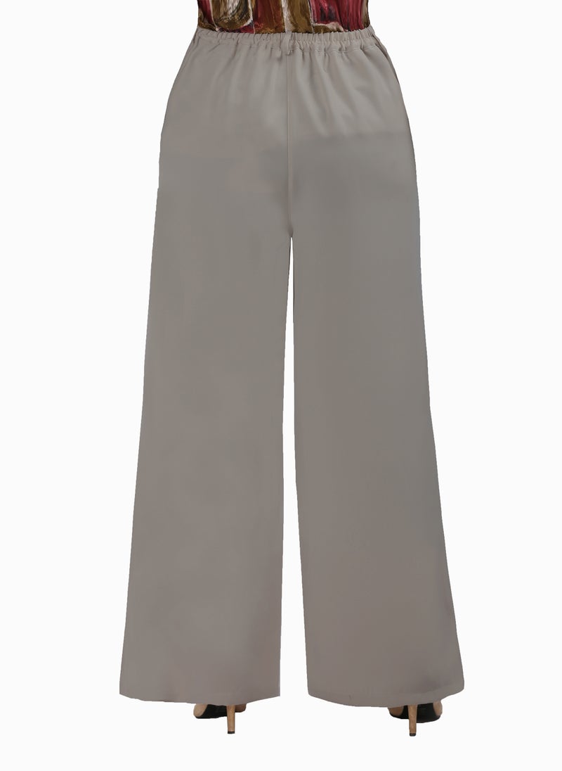 High Waist Wide Leg Pants With Elastic Back Band - Cafe