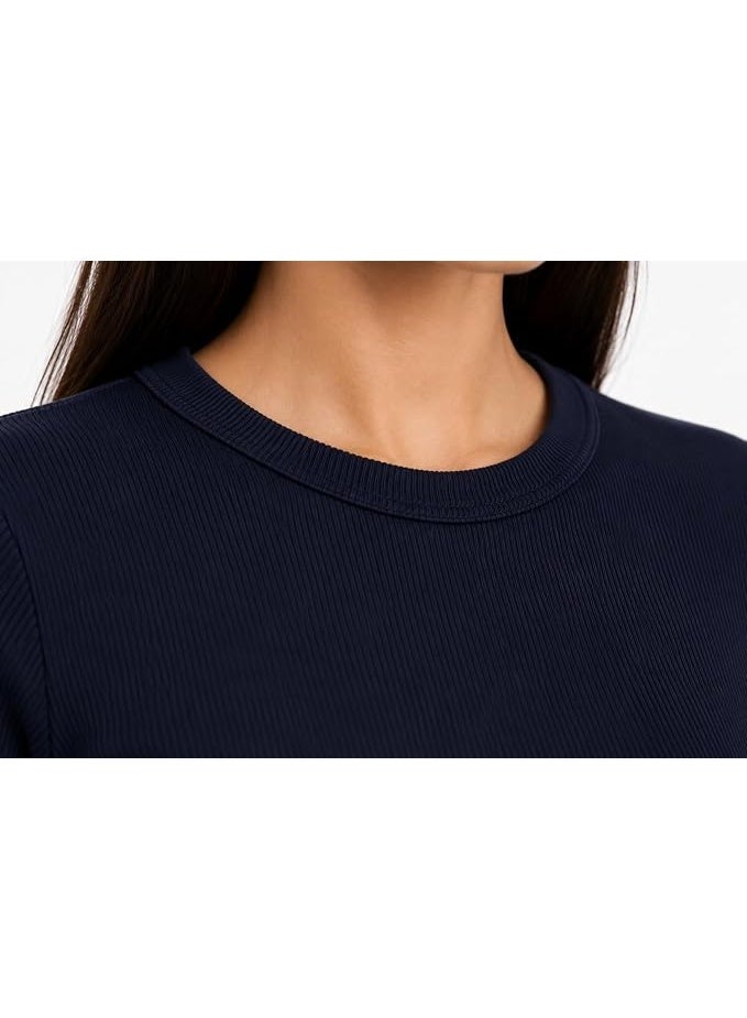 Nileton Women's Basic Ribbed Knit - Cotton Crew Neck T-Shirt - Slim Fit Half Sleeve Stretchy Fitted Casual Everyday Tee - Image 5
