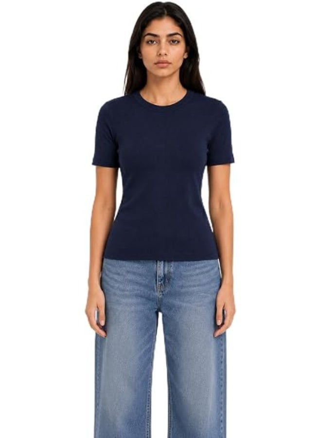 Nileton Women's Basic Ribbed Knit - Cotton Crew Neck T-Shirt - Slim Fit Half Sleeve Stretchy Fitted Casual Everyday Tee - Image 1