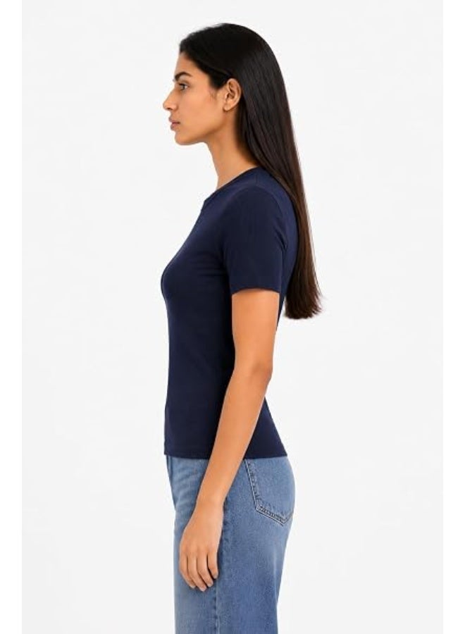 Nileton Women's Basic Ribbed Knit - Cotton Crew Neck T-Shirt - Slim Fit Half Sleeve Stretchy Fitted Casual Everyday Tee - Image 4