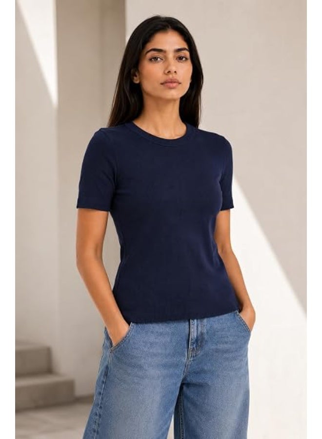 Nileton Women's Basic Ribbed Knit - Cotton Crew Neck T-Shirt - Slim Fit Half Sleeve Stretchy Fitted Casual Everyday Tee - Image 3