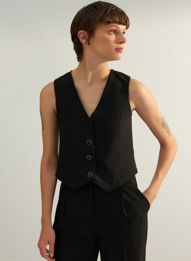 trendyol Black Premium Buttoned Crop Woven Vest TWOAW24YE00061 - Image 3