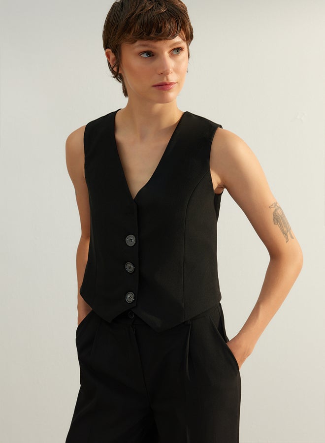 trendyol Black Premium Buttoned Crop Woven Vest TWOAW24YE00061 - Image 2
