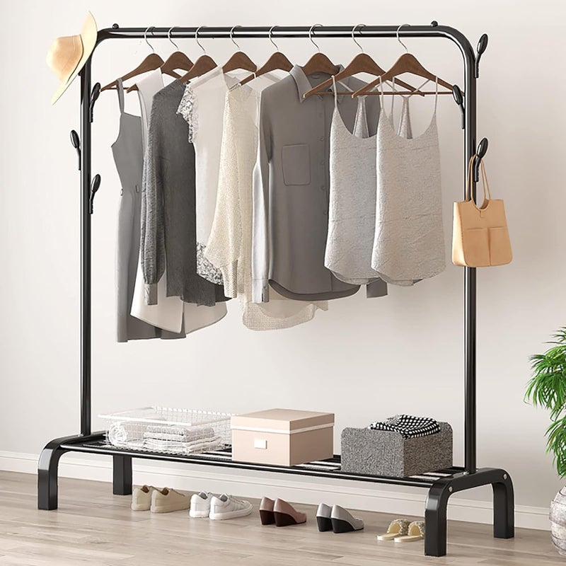 Ozoy Metal Multifunctional Garment Stand Cloth Rack Freestanding Storage Organizer with Bottom Shelves Single Pole Coat Hanger 150 x 110 x 40 CM BLACK - Image 1