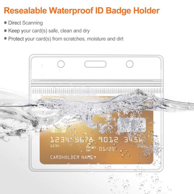 WILLIZTER Clear ID Badge Holder with Lanyard Water Proof Horizontal Display Identification Card Name Card Protector with Zipper Resealable Nametag Holder (Black - 6PCS) - Image 4