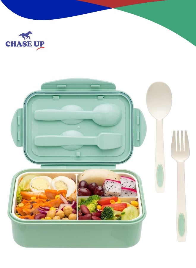 Chase Up YumLock Bento Box, 3 Compartments 1402ml Lunch Box For Kids and Adults with Reusable Spoon and Fork, Leakproof Food Container for On the Go Meal, Microwave Safe (Green) - Image 1