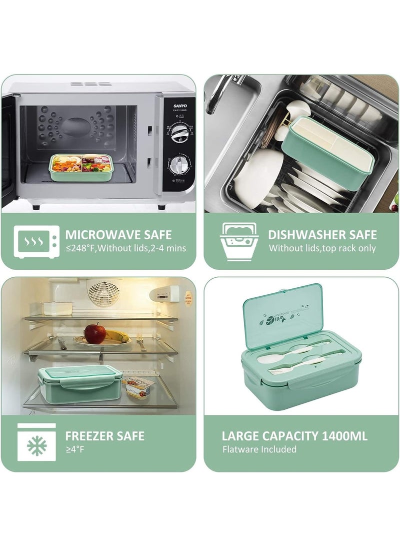 Chase Up YumLock Bento Box, 3 Compartments 1402ml Lunch Box For Kids and Adults with Reusable Spoon and Fork, Leakproof Food Container for On the Go Meal, Microwave Safe (Green) - Image 3