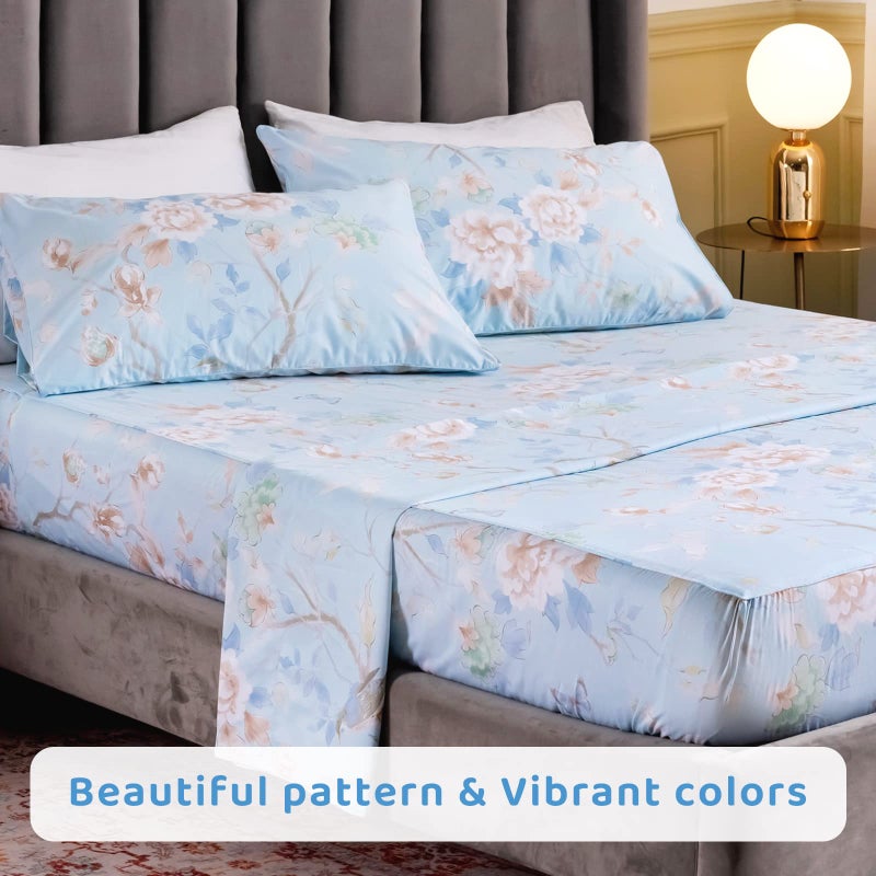QSH Floral Bed Sheets Set King Size - Luxury Bird Buttefly Print Bed Sheet Set - 100% Egyptian Cotton Extra Soft and Breathable - 4 pcs Deep Pockets - Flower Bed Sheets - Image 5