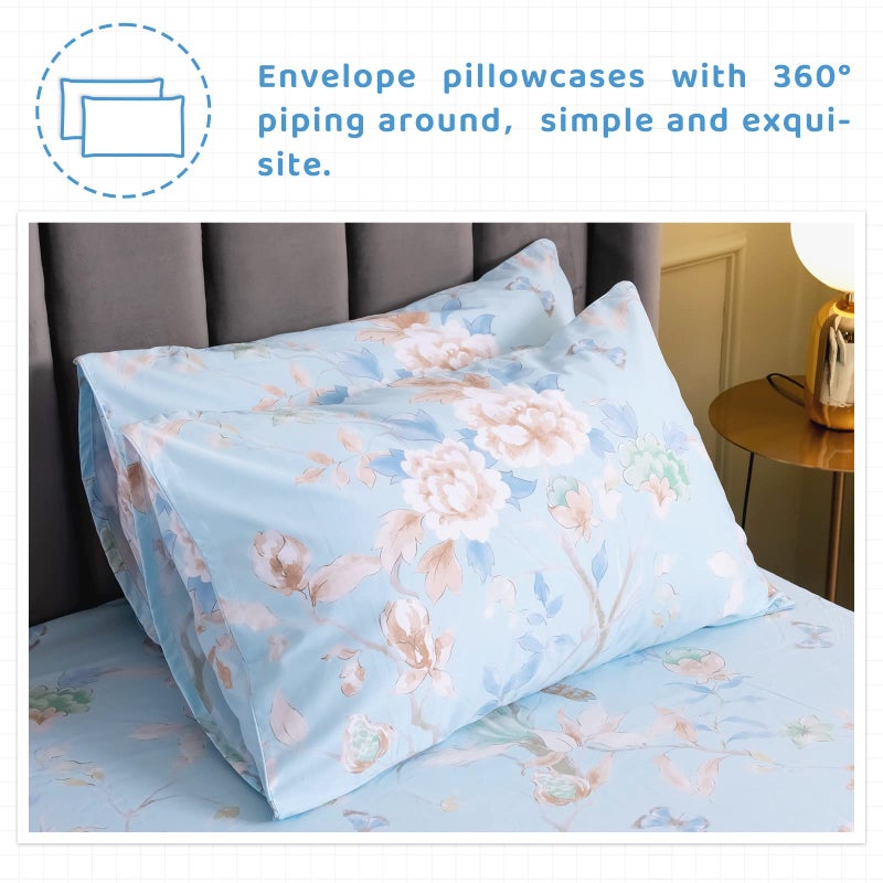 QSH Floral Bed Sheets Set King Size - Luxury Bird Buttefly Print Bed Sheet Set - 100% Egyptian Cotton Extra Soft and Breathable - 4 pcs Deep Pockets - Flower Bed Sheets - Image 4
