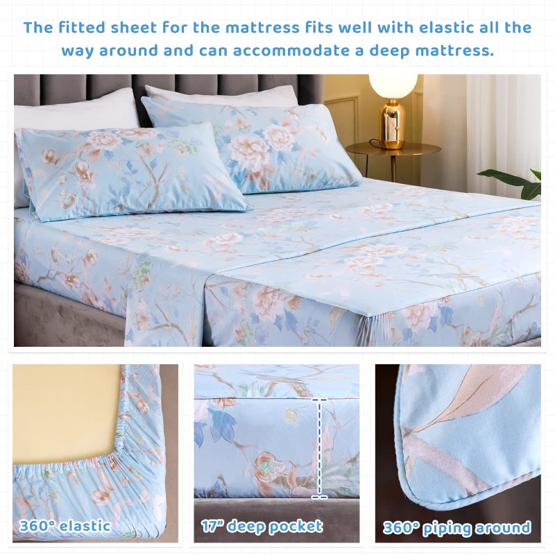 QSH Floral Bed Sheets Set King Size - Luxury Bird Buttefly Print Bed Sheet Set - 100% Egyptian Cotton Extra Soft and Breathable - 4 pcs Deep Pockets - Flower Bed Sheets - Image 3