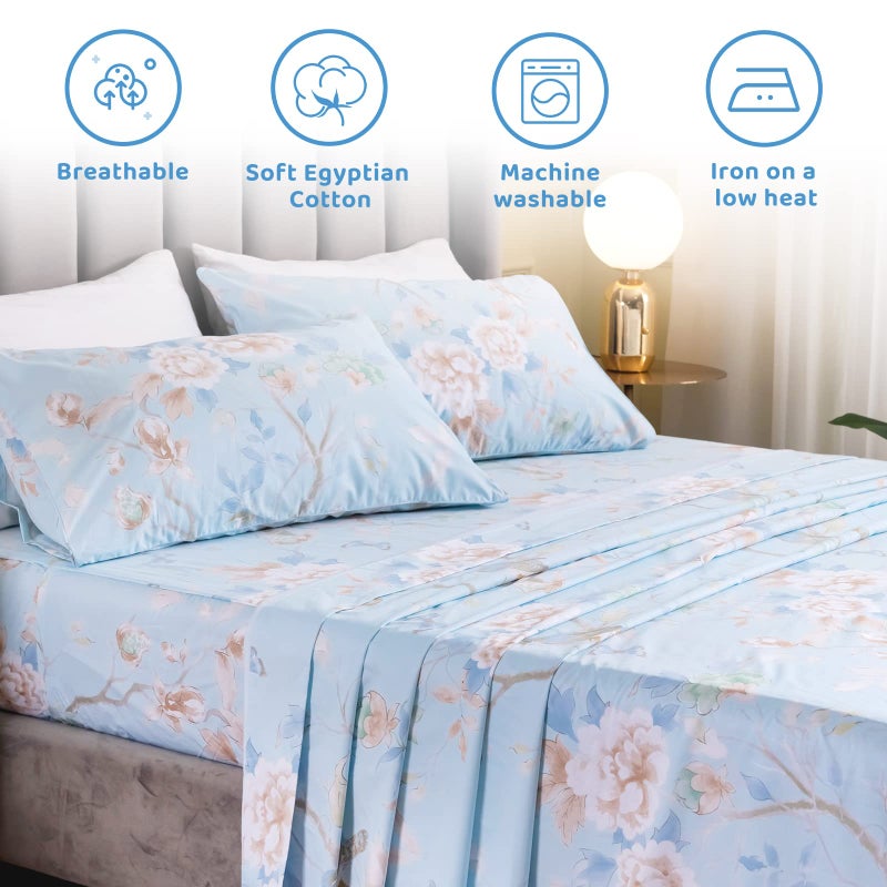 QSH Floral Bed Sheets Set King Size - Luxury Bird Buttefly Print Bed Sheet Set - 100% Egyptian Cotton Extra Soft and Breathable - 4 pcs Deep Pockets - Flower Bed Sheets - Image 2