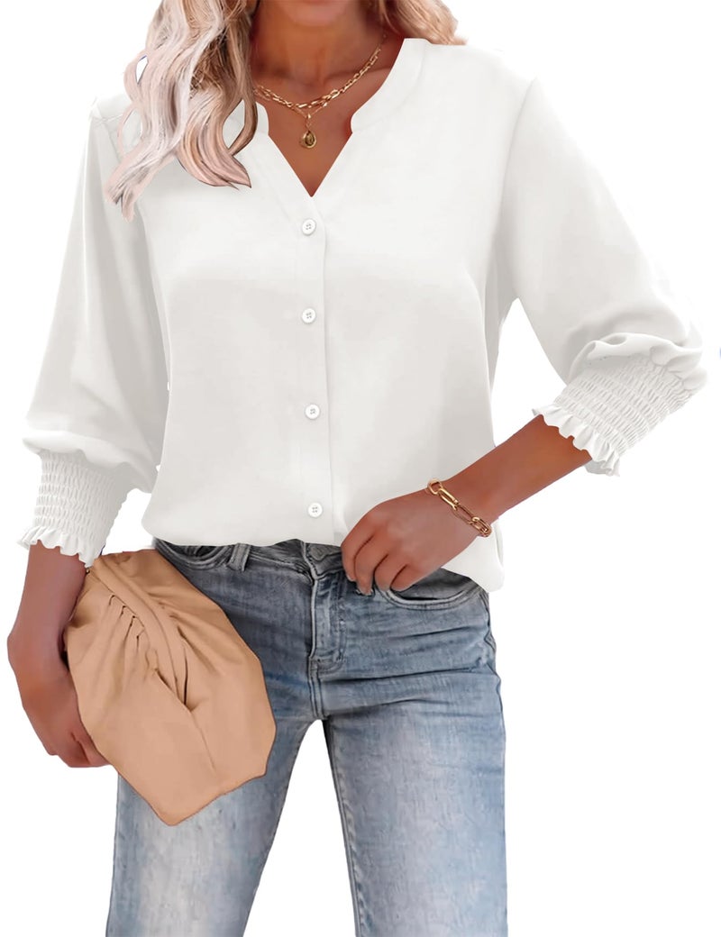 LOMON White Button Down Shirt Women 3/4 Length Sleeve Blouses for Women Dressy Casual Fashion Clothing Trendy XXL - Image 2