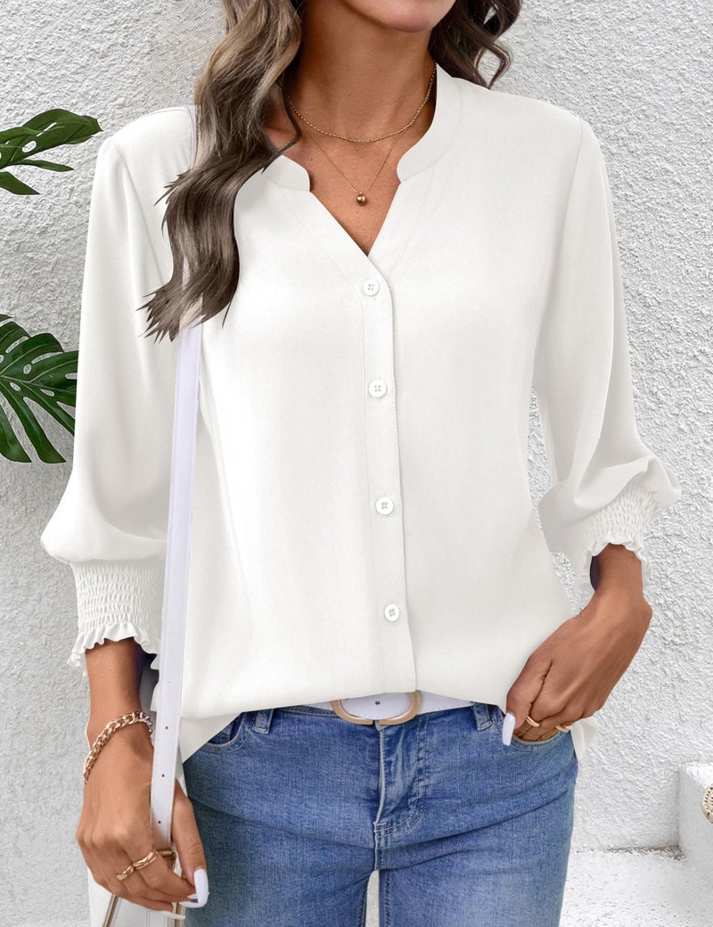LOMON White Button Down Shirt Women 3/4 Length Sleeve Blouses for Women Dressy Casual Fashion Clothing Trendy XXL - Image 5