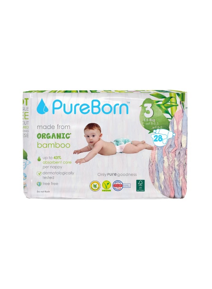 PureBorn Organic Baby Tape Style Diapers Size-3 5.5 -8 kg Cloud Print 28 Diapers - Image 1