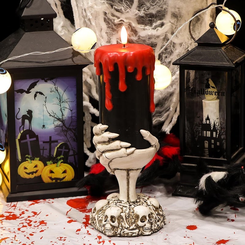 Eldnacele Halloween Flickering Flameless Candles Ghost Hand Candlesticks with Timer,Battery Operated with Red Blood Dripping 3D Wick Black Wax LED Pillar Candles Table Centerpiece Decor(4×11 Inches) - Image 5