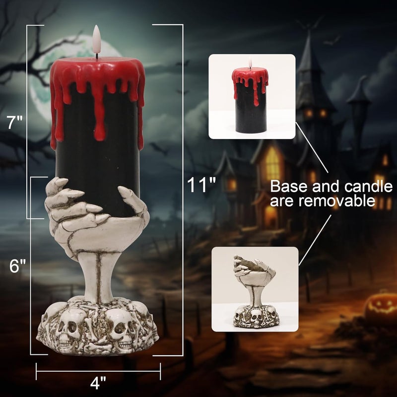 Eldnacele Halloween Flickering Flameless Candles Ghost Hand Candlesticks with Timer,Battery Operated with Red Blood Dripping 3D Wick Black Wax LED Pillar Candles Table Centerpiece Decor(4×11 Inches) - Image 2