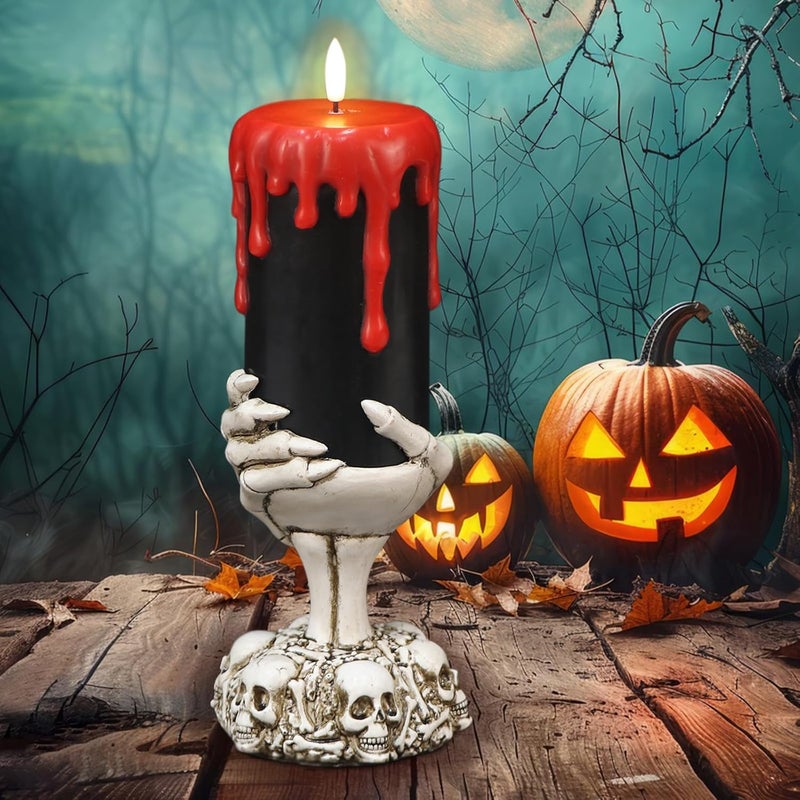 Eldnacele Halloween Flickering Flameless Candles Ghost Hand Candlesticks with Timer,Battery Operated with Red Blood Dripping 3D Wick Black Wax LED Pillar Candles Table Centerpiece Decor(4×11 Inches) - Image 1